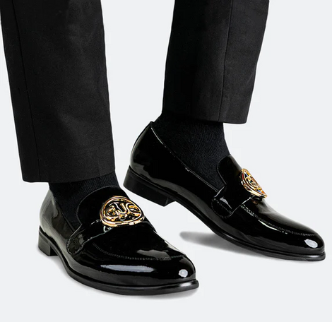 Men's loafer, patent leather with gold logo hardware, Italian made